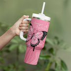 Personalised Australia Breast Cancer Awareness Tumbler With Handle Pink Ribbon Butterfly Opal Pattern - Aussie Hoodie