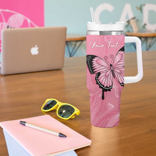 Personalised Australia Breast Cancer Awareness Tumbler With Handle Pink Ribbon Butterfly Opal Pattern - Aussie Hoodie