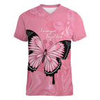 Personalised Australia Breast Cancer Awareness Women V-Neck T-Shirt Pink Ribbon Butterfly Opal Pattern - Aussie Hoodie