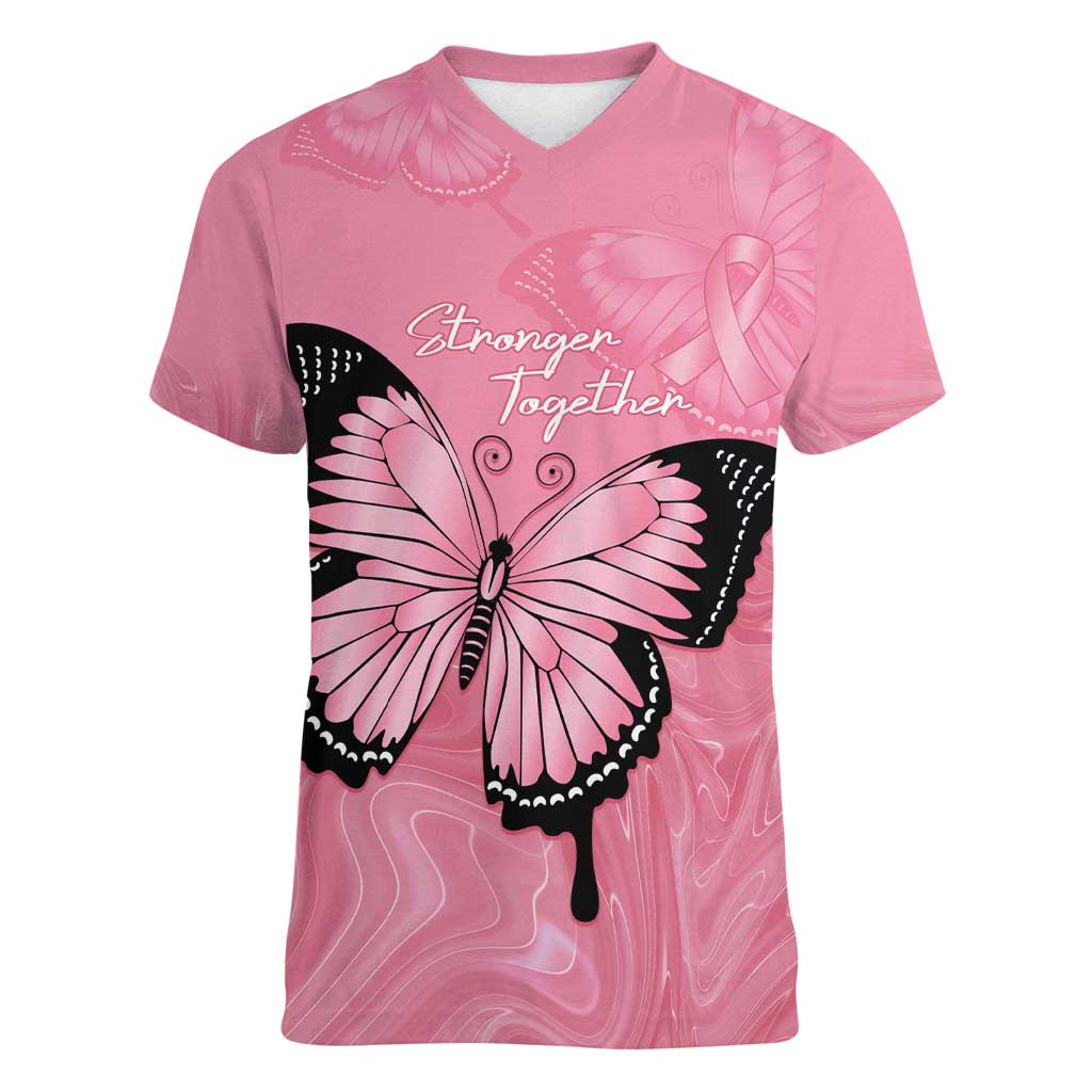 Personalised Australia Breast Cancer Awareness Women V-Neck T-Shirt Pink Ribbon Butterfly Opal Pattern - Aussie Hoodie