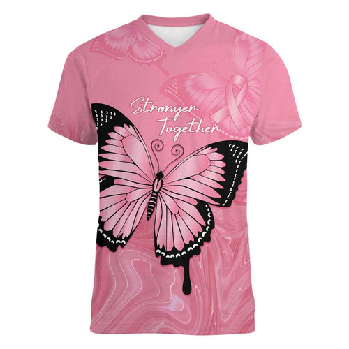 Personalised Australia Breast Cancer Awareness Women V-Neck T-Shirt Pink Ribbon Butterfly Opal Pattern - Aussie Hoodie