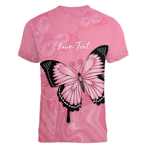 Personalised Australia Breast Cancer Awareness Women V-Neck T-Shirt Pink Ribbon Butterfly Opal Pattern - Aussie Hoodie