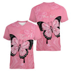 Personalised Australia Breast Cancer Awareness Women V-Neck T-Shirt Pink Ribbon Butterfly Opal Pattern - Aussie Hoodie