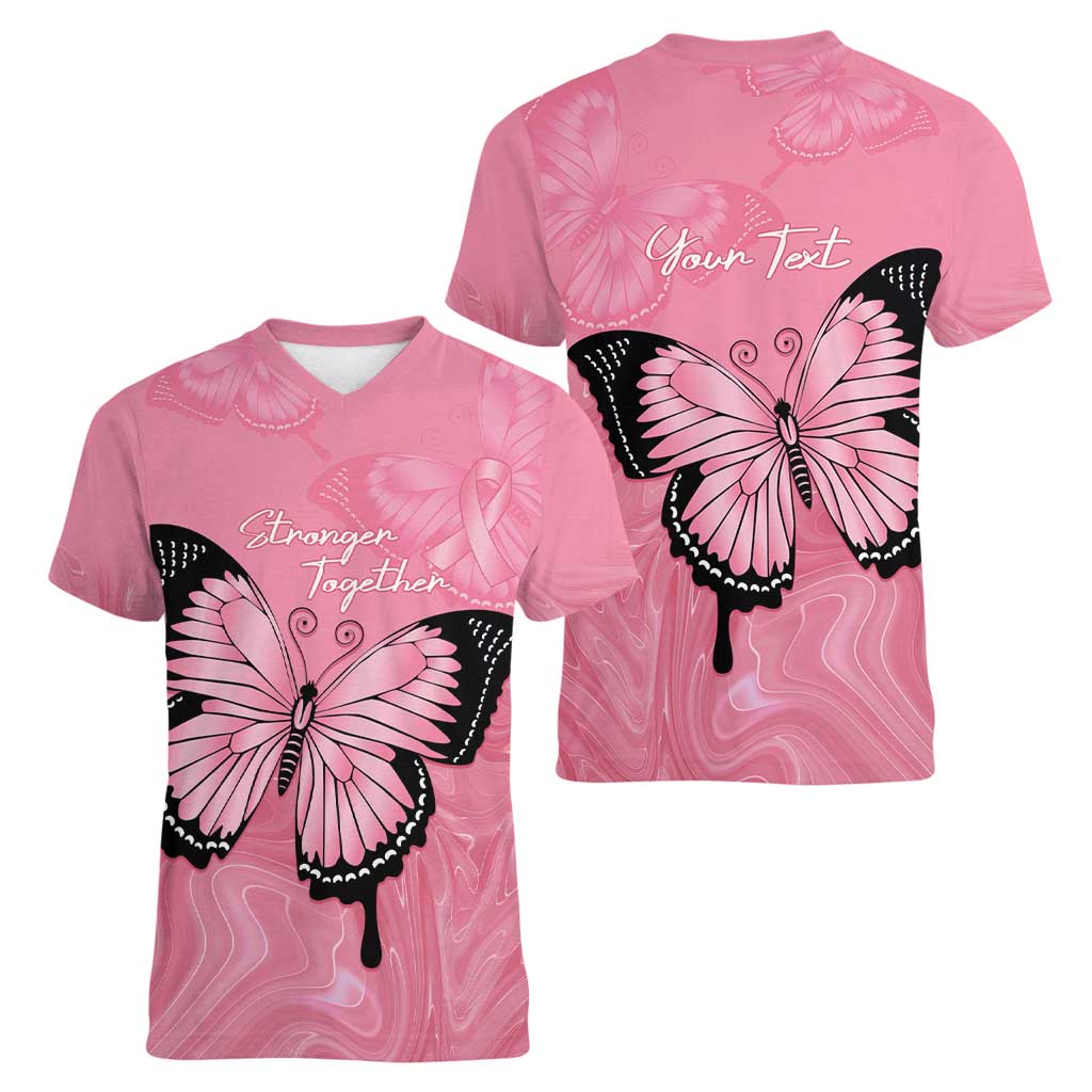 Personalised Australia Breast Cancer Awareness Women V-Neck T-Shirt Pink Ribbon Butterfly Opal Pattern - Aussie Hoodie