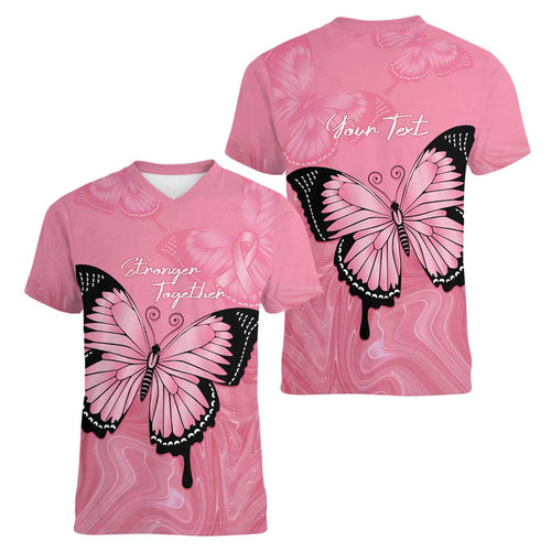 Personalised Australia Breast Cancer Awareness Women V-Neck T-Shirt Pink Ribbon Butterfly Opal Pattern - Aussie Hoodie