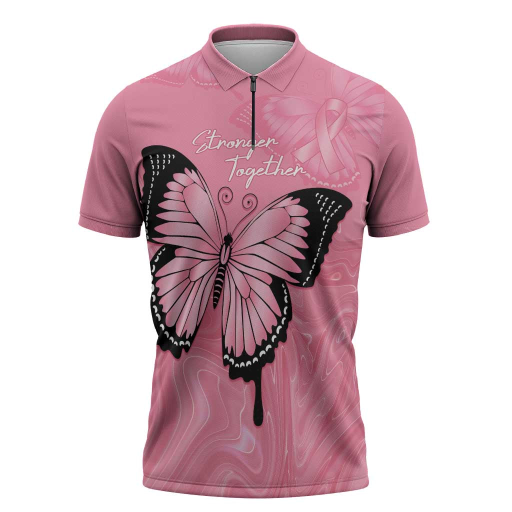 Personalised Australia Breast Cancer Awareness Zipper Polo Shirt Pink Ribbon Butterfly Opal Pattern - Aussie Hoodie