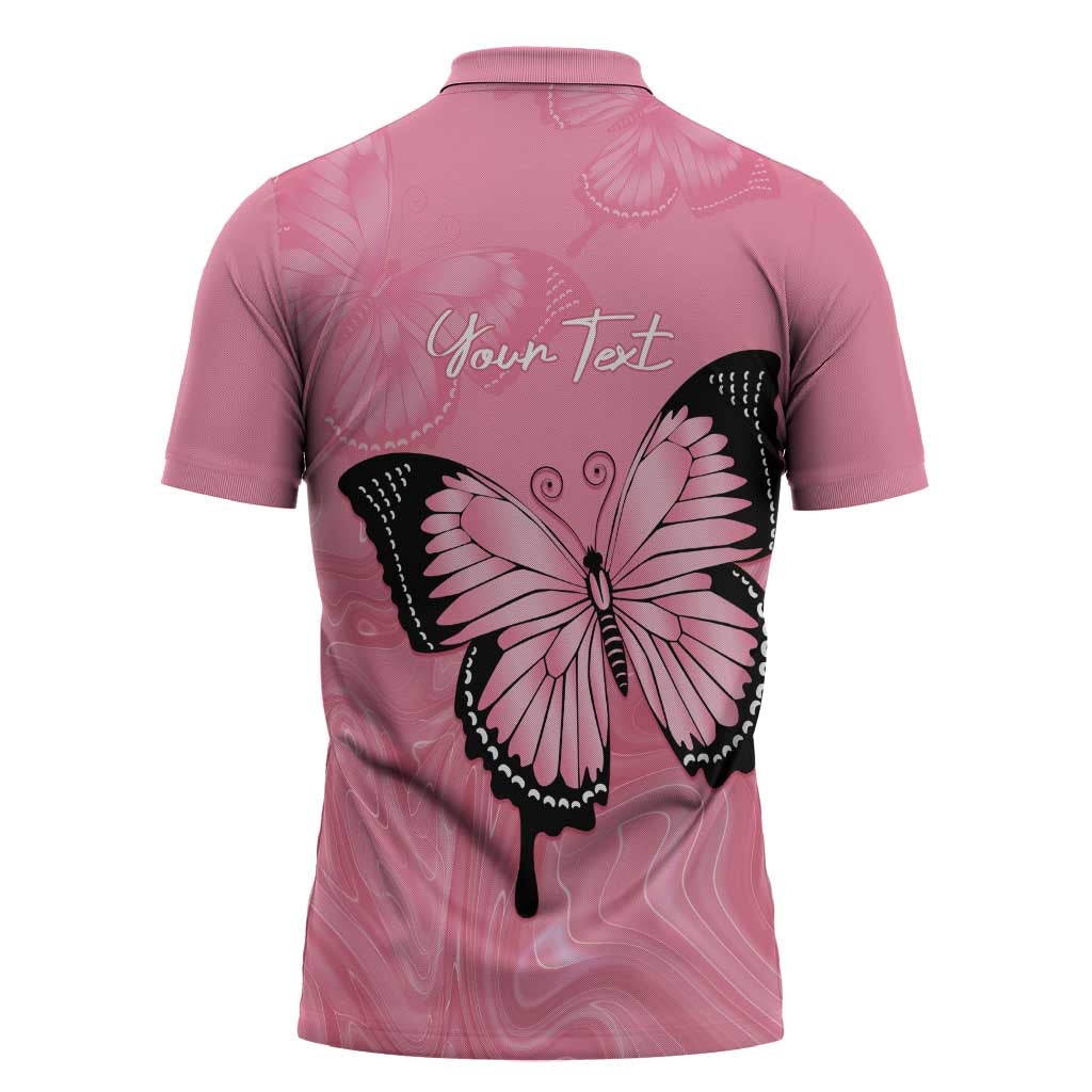 Personalised Australia Breast Cancer Awareness Zipper Polo Shirt Pink Ribbon Butterfly Opal Pattern - Aussie Hoodie