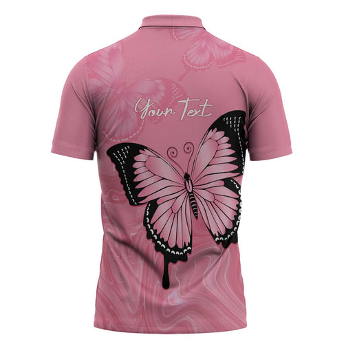 Personalised Australia Breast Cancer Awareness Zipper Polo Shirt Pink Ribbon Butterfly Opal Pattern - Aussie Hoodie