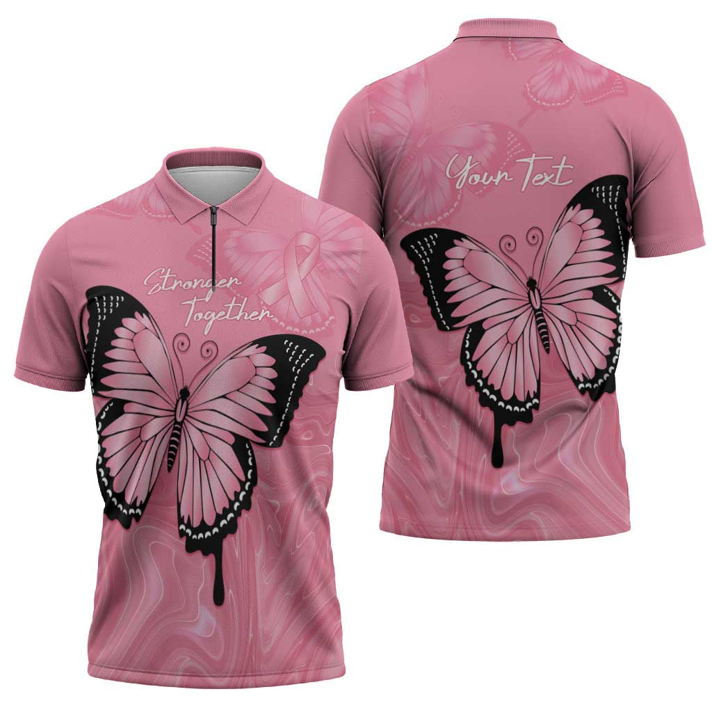 Personalised Australia Breast Cancer Awareness Zipper Polo Shirt Pink Ribbon Butterfly Opal Pattern - Aussie Hoodie