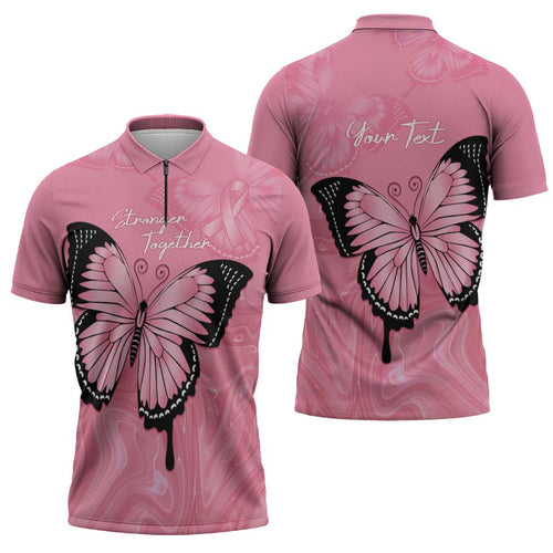 Personalised Australia Breast Cancer Awareness Zipper Polo Shirt Pink Ribbon Butterfly Opal Pattern - Aussie Hoodie