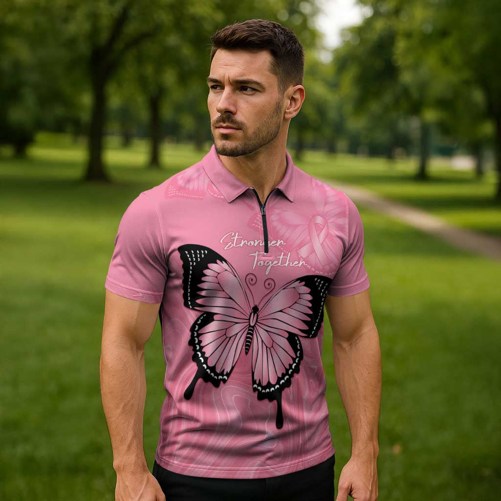 Personalised Australia Breast Cancer Awareness Zipper Polo Shirt Pink Ribbon Butterfly Opal Pattern - Aussie Hoodie