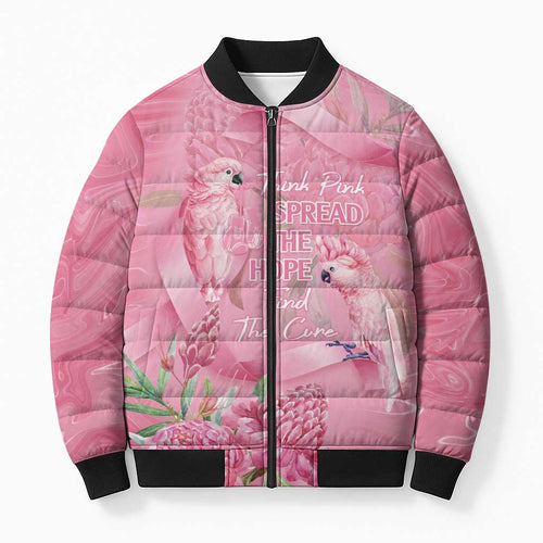 Australia Breast Cancer Awareness Bomber Puffer Jacket Think Pink Cockatoos Ribbon - Aussie Hoodie