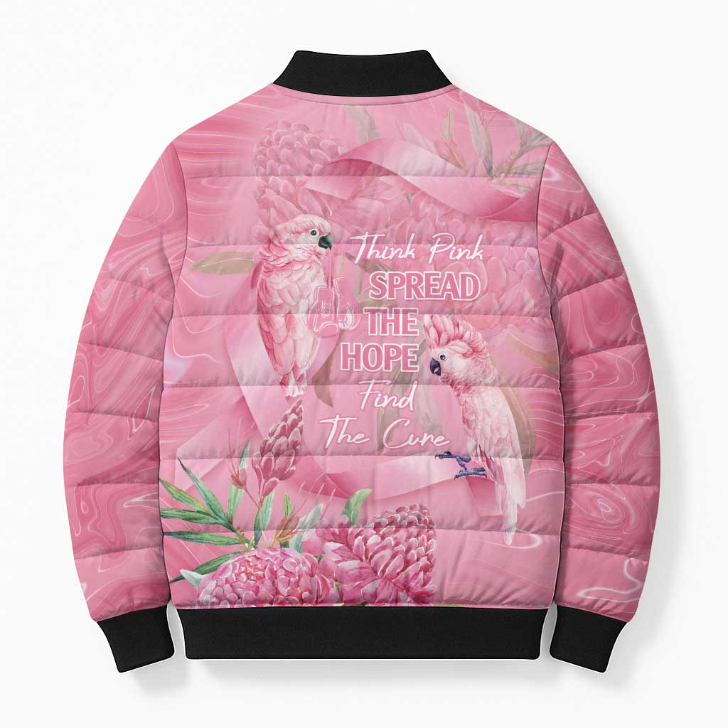 Australia Breast Cancer Awareness Bomber Puffer Jacket Think Pink Cockatoos Ribbon - Aussie Hoodie