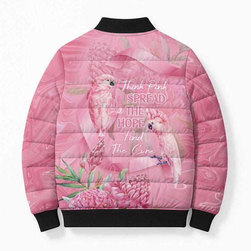 Australia Breast Cancer Awareness Bomber Puffer Jacket Think Pink Cockatoos Ribbon - Aussie Hoodie