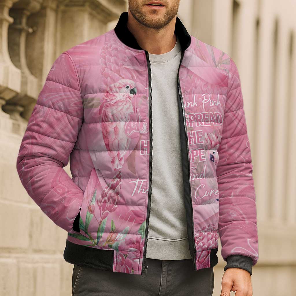 Australia Breast Cancer Awareness Bomber Puffer Jacket Think Pink Cockatoos Ribbon - Aussie Hoodie