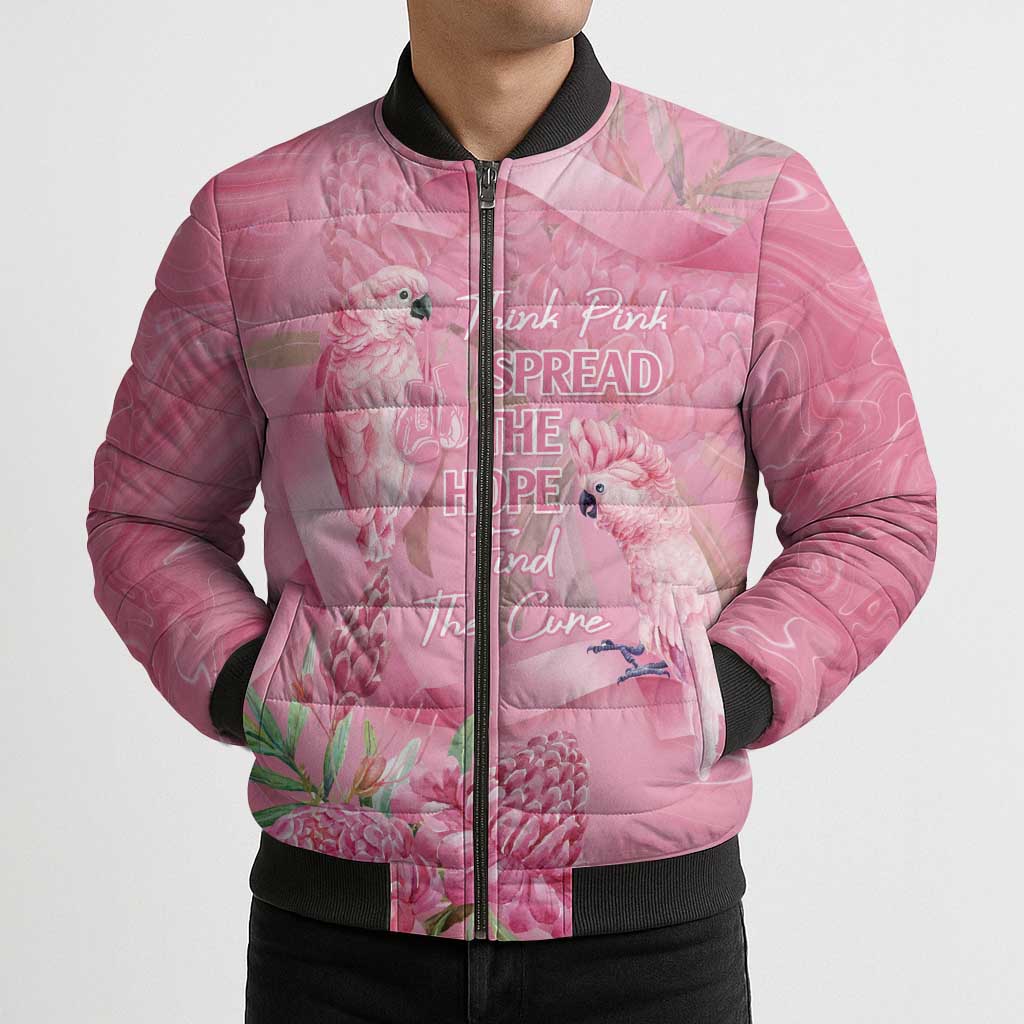 Australia Breast Cancer Awareness Bomber Puffer Jacket Think Pink Cockatoos Ribbon - Aussie Hoodie