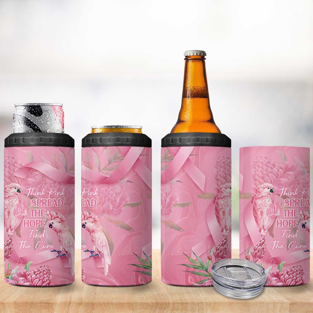 Australia Breast Cancer Awareness 4 in 1 Can Cooler Tumbler Think Pink Cockatoos Ribbon - Aussie Hoodie