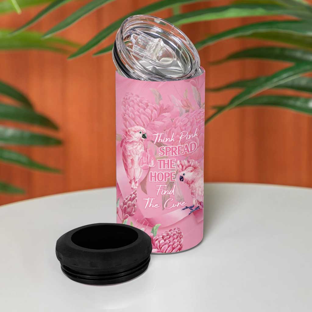 Australia Breast Cancer Awareness 4 in 1 Can Cooler Tumbler Think Pink Cockatoos Ribbon - Aussie Hoodie