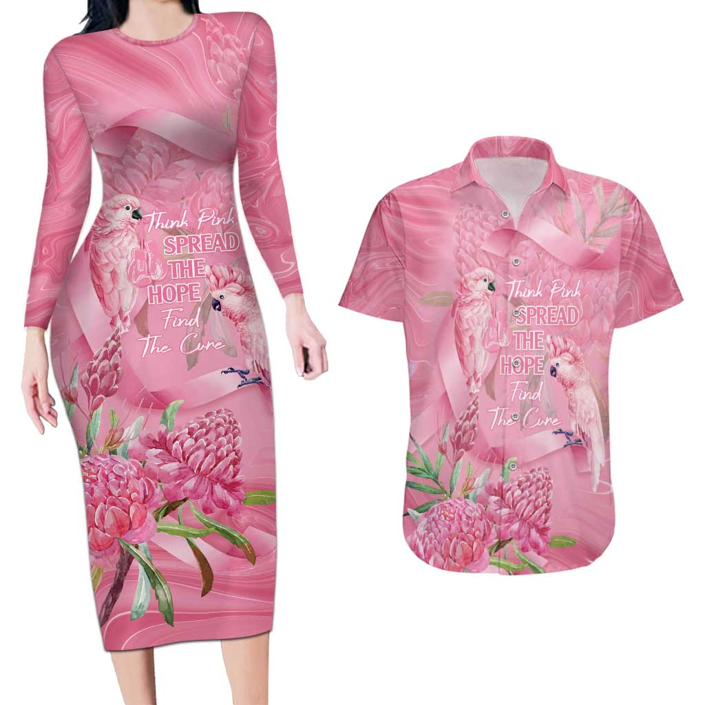 Australia Breast Cancer Awareness Couples Matching Long Sleeve Bodycon Dress and Hawaiian Shirt Think Pink Cockatoos Ribbon - Aussie Hoodie