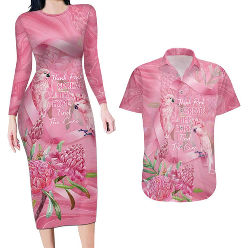 Australia Breast Cancer Awareness Couples Matching Long Sleeve Bodycon Dress and Hawaiian Shirt Think Pink Cockatoos Ribbon - Aussie Hoodie