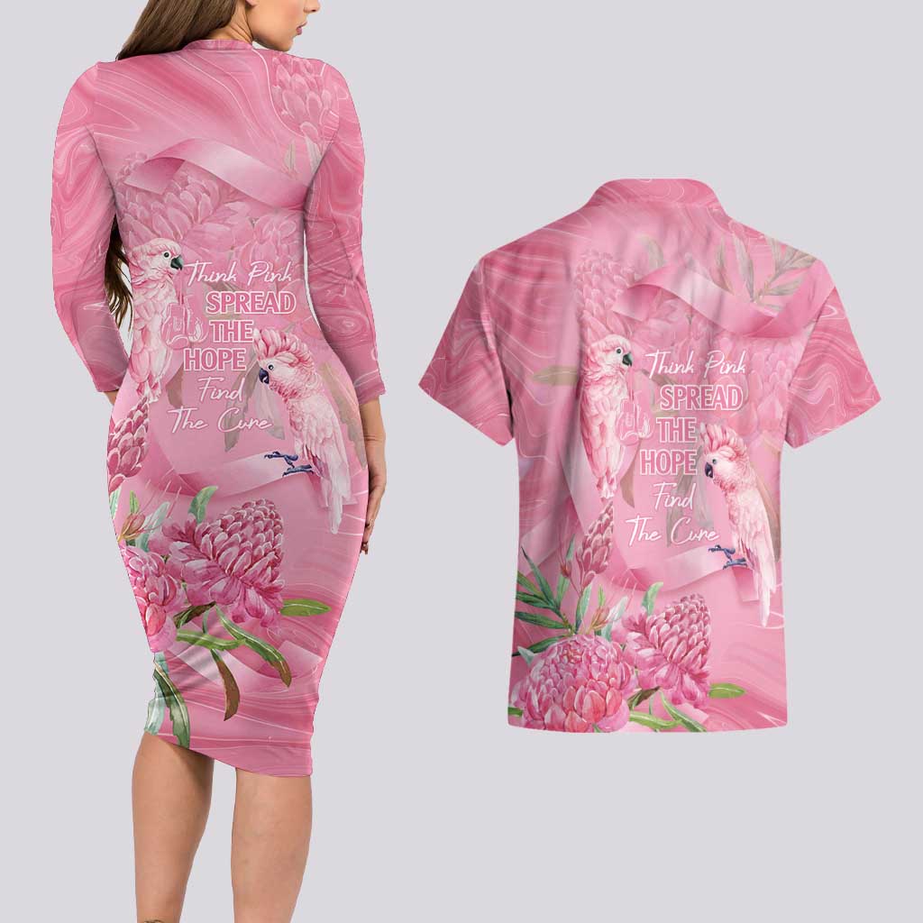 Australia Breast Cancer Awareness Couples Matching Long Sleeve Bodycon Dress and Hawaiian Shirt Think Pink Cockatoos Ribbon - Aussie Hoodie