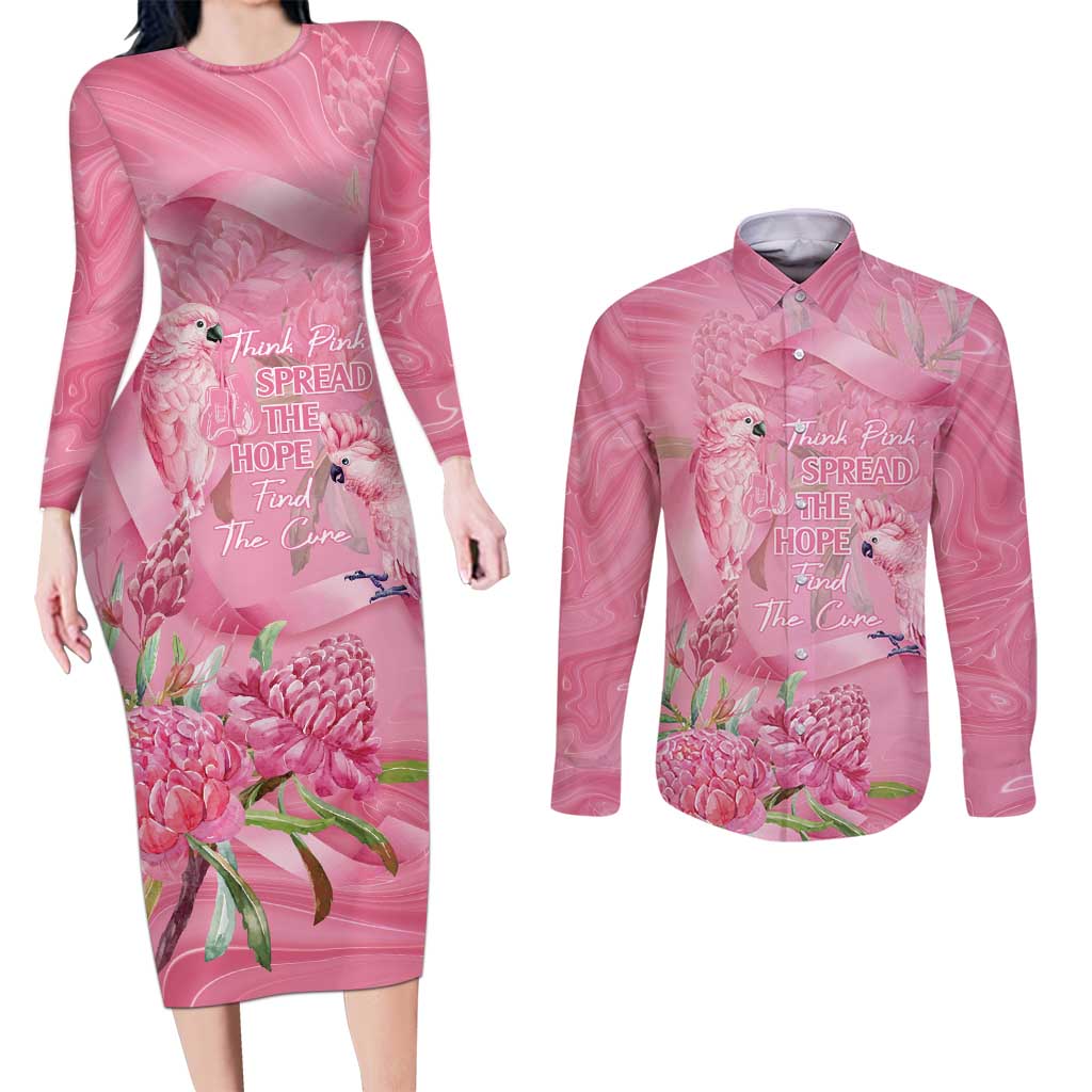 Australia Breast Cancer Awareness Couples Matching Long Sleeve Bodycon Dress and Long Sleeve Button Shirt Think Pink Cockatoos Ribbon - Aussie Hoodie