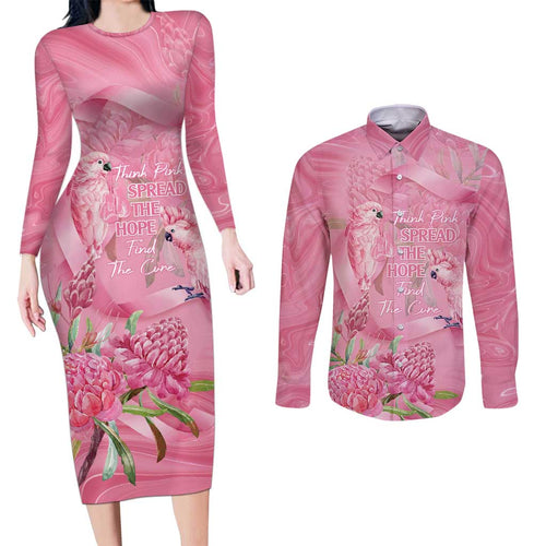Australia Breast Cancer Awareness Couples Matching Long Sleeve Bodycon Dress and Long Sleeve Button Shirt Think Pink Cockatoos Ribbon - Aussie Hoodie