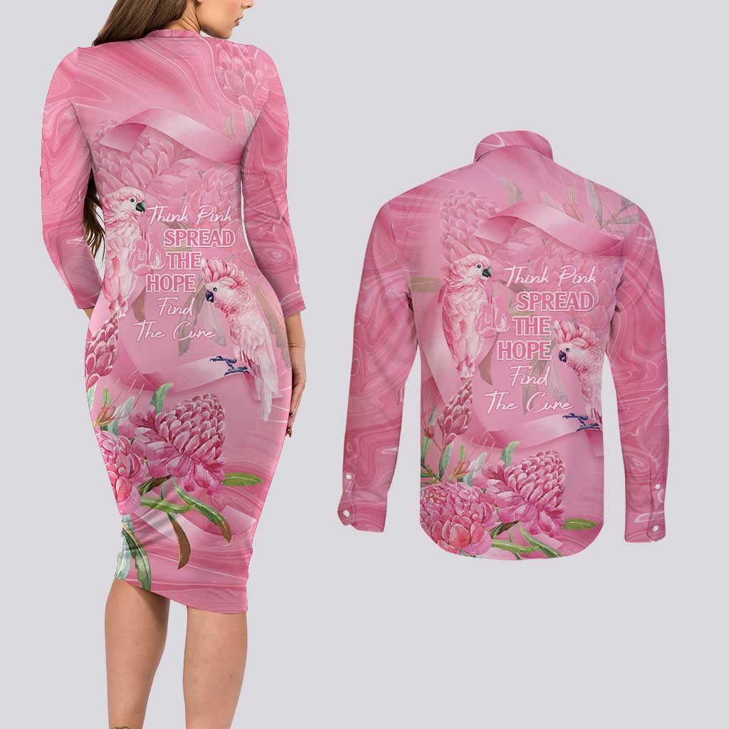 Australia Breast Cancer Awareness Couples Matching Long Sleeve Bodycon Dress and Long Sleeve Button Shirt Think Pink Cockatoos Ribbon - Aussie Hoodie
