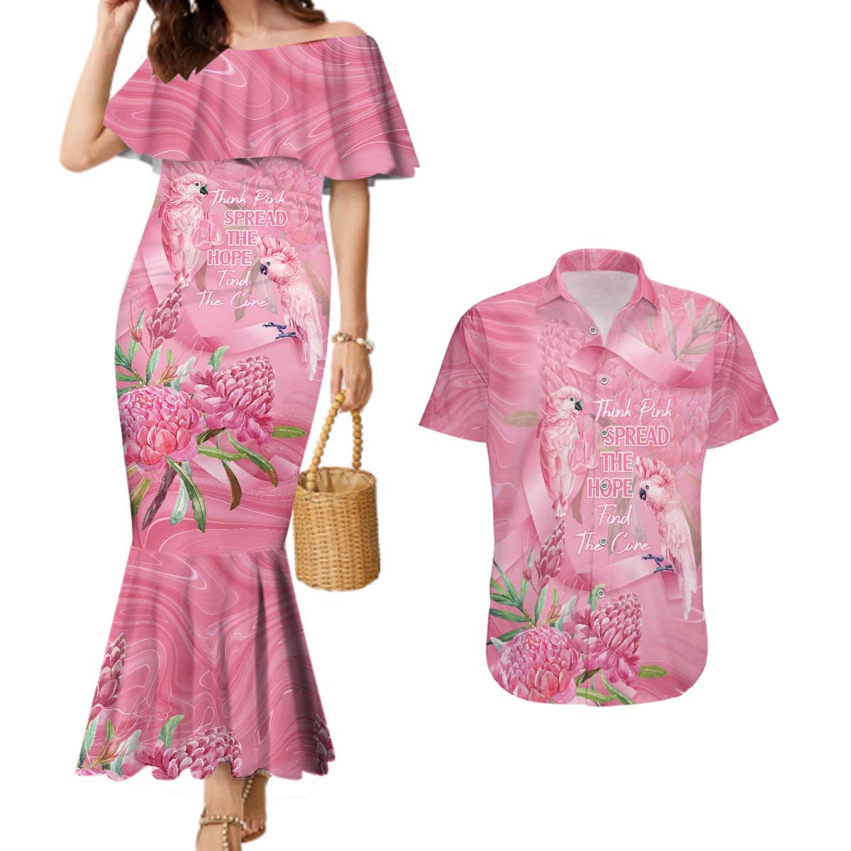 Australia Breast Cancer Awareness Couples Matching Mermaid Dress and Hawaiian Shirt Think Pink Cockatoos Ribbon - Aussie Hoodie