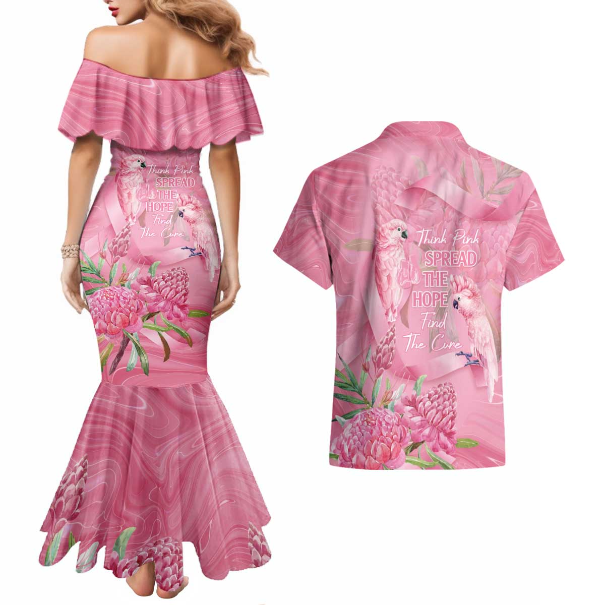 Australia Breast Cancer Awareness Couples Matching Mermaid Dress and Hawaiian Shirt Think Pink Cockatoos Ribbon - Aussie Hoodie