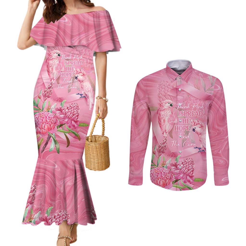 Australia Breast Cancer Awareness Couples Matching Mermaid Dress and Long Sleeve Button Shirt Think Pink Cockatoos Ribbon - Aussie Hoodie