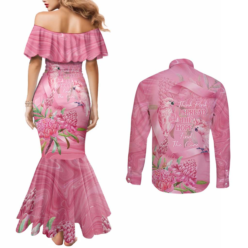 Australia Breast Cancer Awareness Couples Matching Mermaid Dress and Long Sleeve Button Shirt Think Pink Cockatoos Ribbon - Aussie Hoodie
