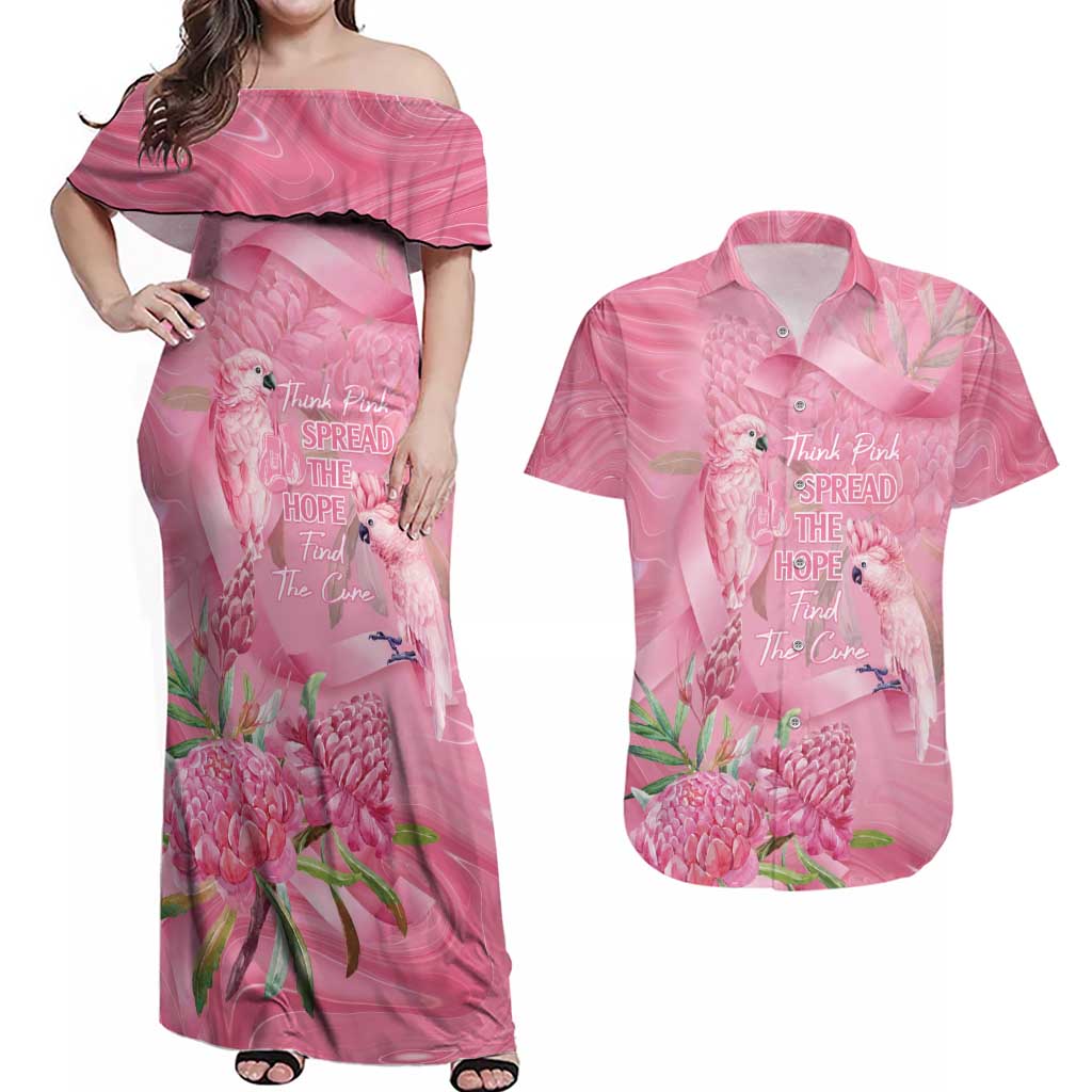 Australia Breast Cancer Awareness Couples Matching Off Shoulder Maxi Dress and Hawaiian Shirt Think Pink Cockatoos Ribbon - Aussie Hoodie