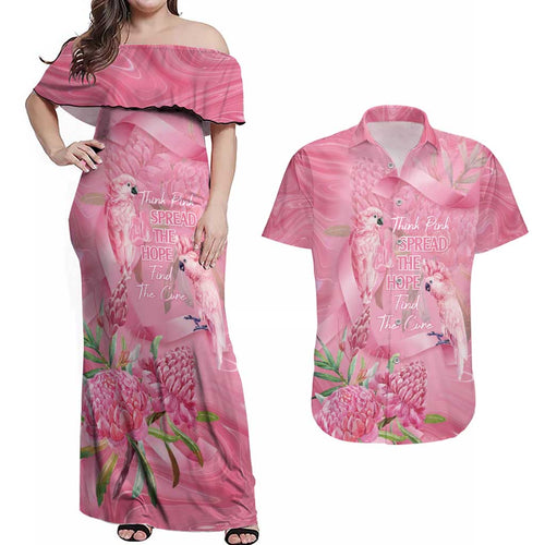 Australia Breast Cancer Awareness Couples Matching Off Shoulder Maxi Dress and Hawaiian Shirt Think Pink Cockatoos Ribbon - Aussie Hoodie