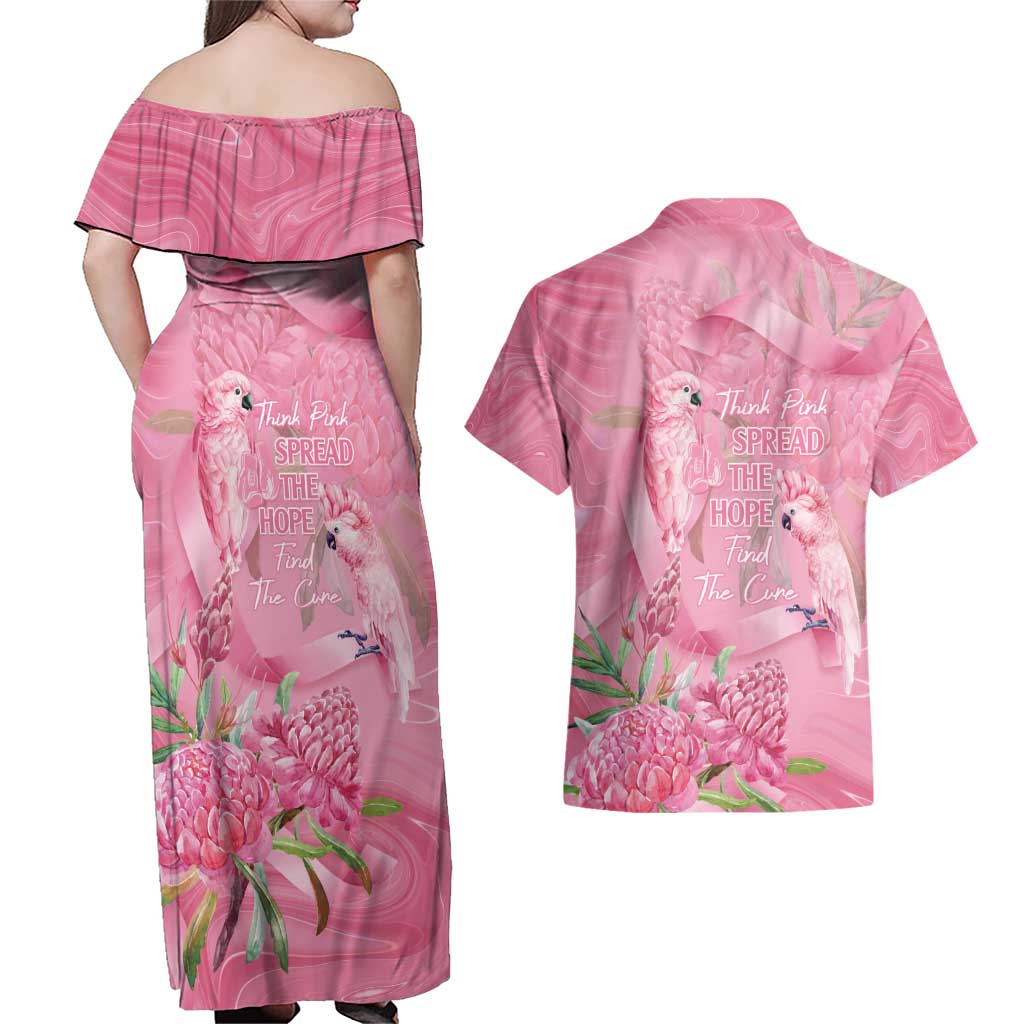 Australia Breast Cancer Awareness Couples Matching Off Shoulder Maxi Dress and Hawaiian Shirt Think Pink Cockatoos Ribbon - Aussie Hoodie