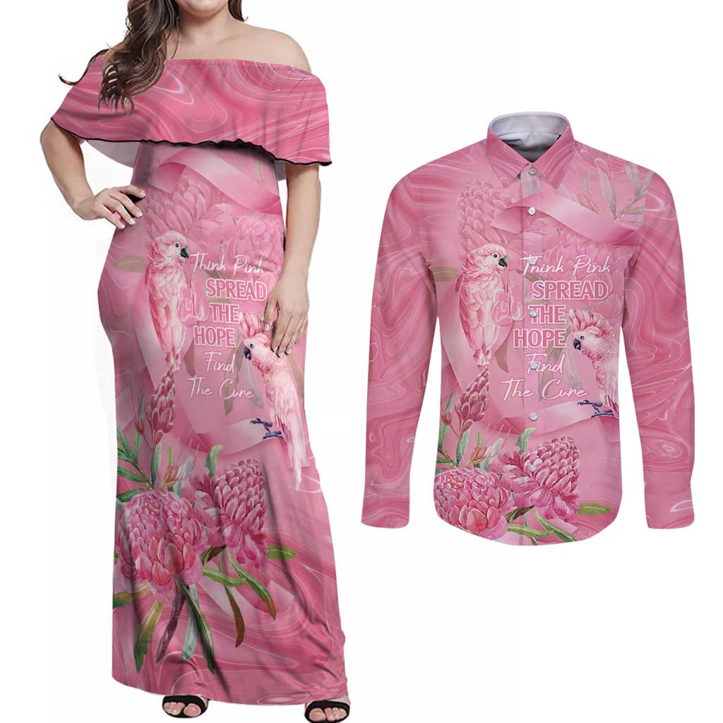 Australia Breast Cancer Awareness Couples Matching Off Shoulder Maxi Dress and Long Sleeve Button Shirt Think Pink Cockatoos Ribbon - Aussie Hoodie