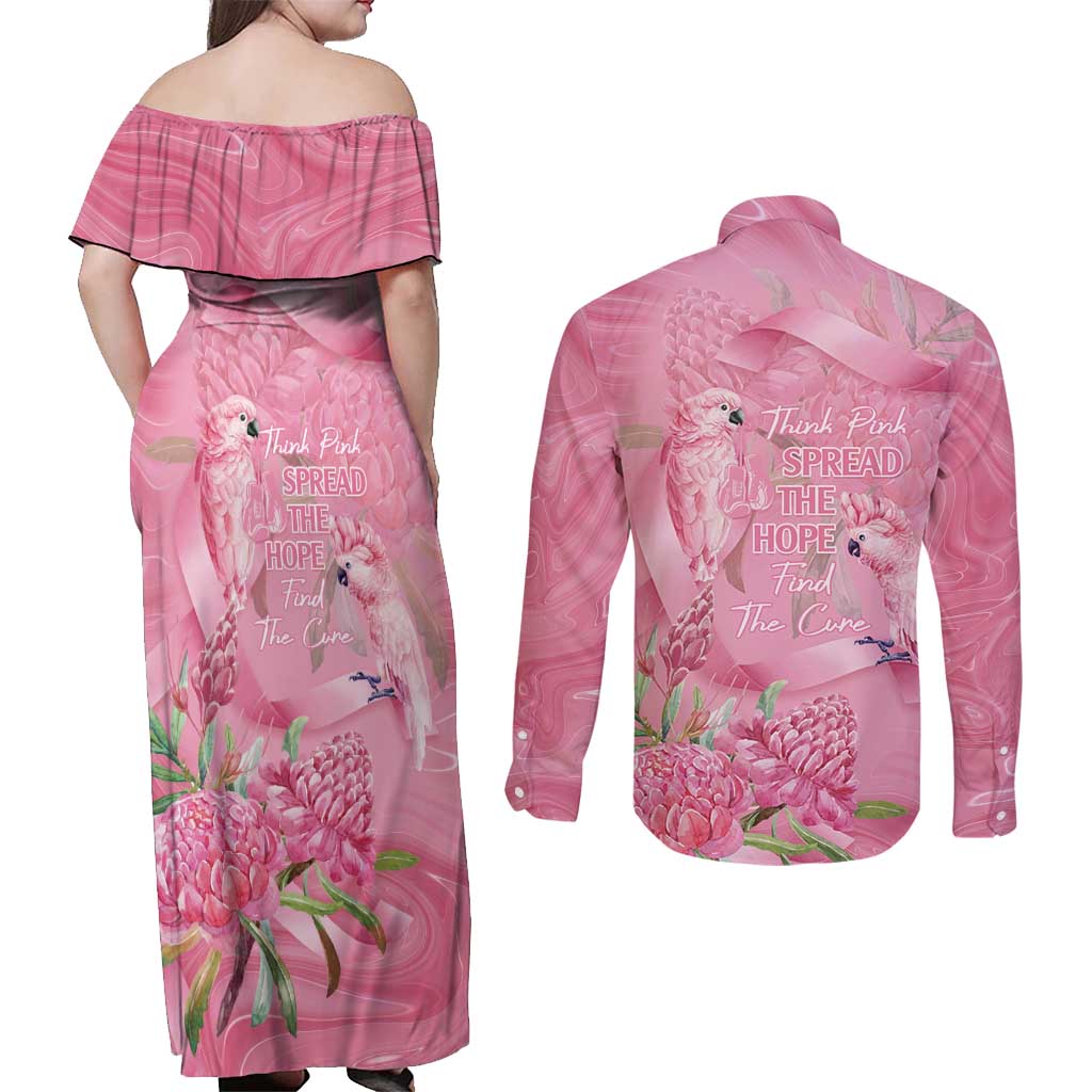 Australia Breast Cancer Awareness Couples Matching Off Shoulder Maxi Dress and Long Sleeve Button Shirt Think Pink Cockatoos Ribbon - Aussie Hoodie