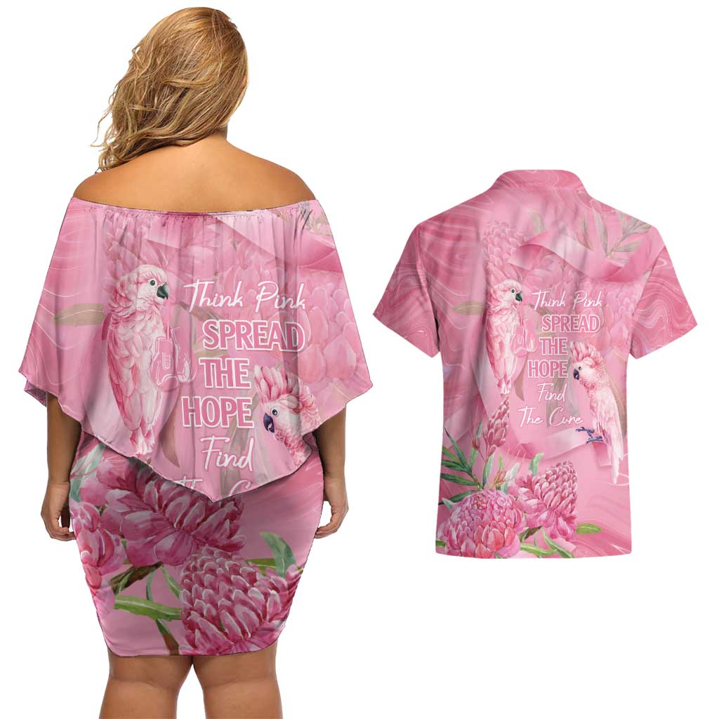 Australia Breast Cancer Awareness Couples Matching Off Shoulder Short Dress and Hawaiian Shirt Think Pink Cockatoos Ribbon - Aussie Hoodie