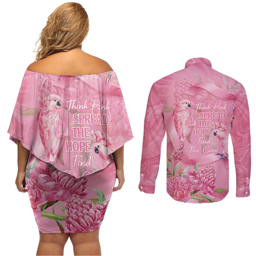 Australia Breast Cancer Awareness Couples Matching Off Shoulder Short Dress and Long Sleeve Button Shirt Think Pink Cockatoos Ribbon - Aussie Hoodie