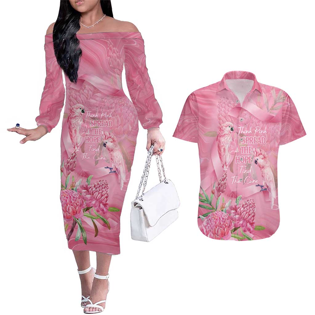 Australia Breast Cancer Awareness Couples Matching Off The Shoulder Long Sleeve Dress and Hawaiian Shirt Think Pink Cockatoos Ribbon - Aussie Hoodie