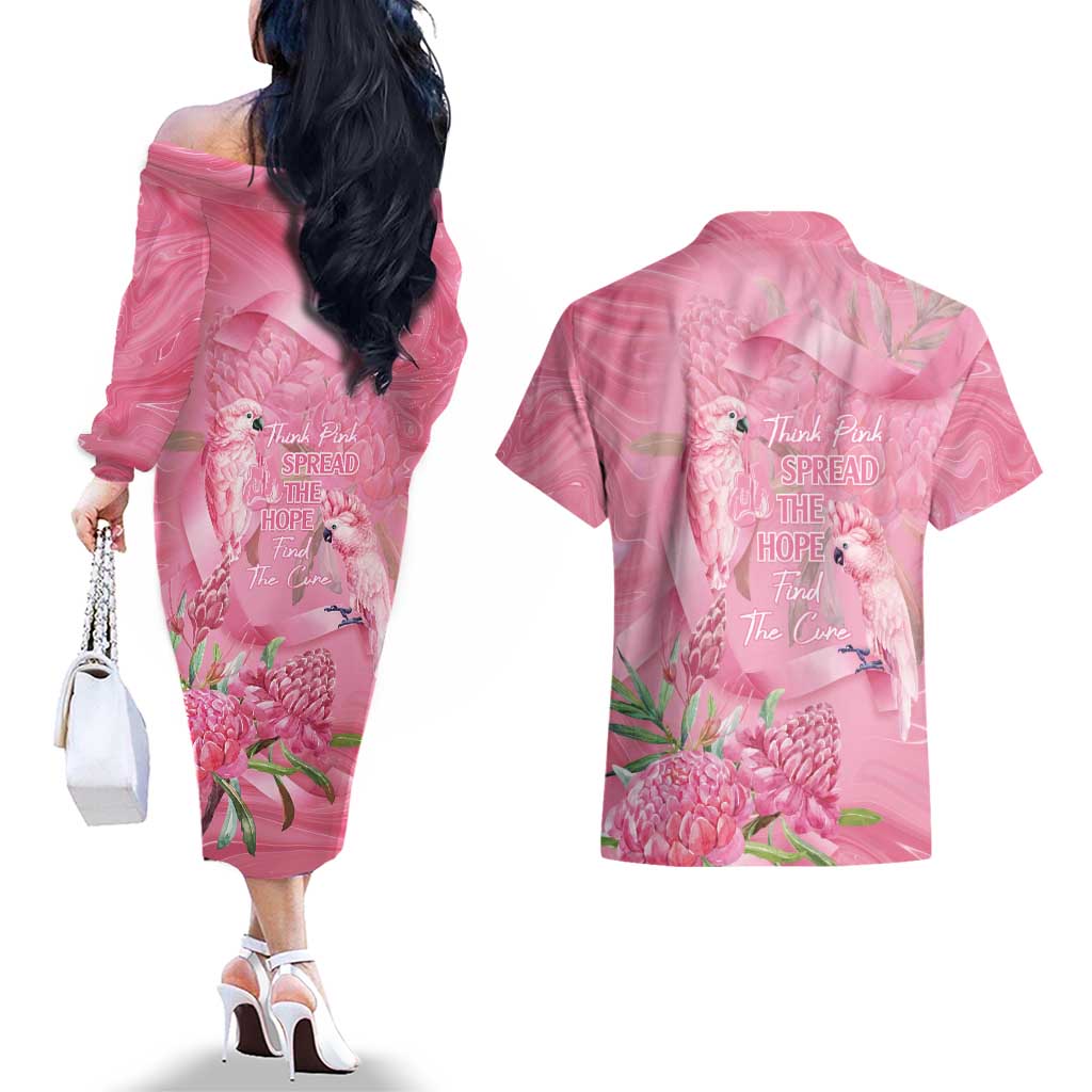 Australia Breast Cancer Awareness Couples Matching Off The Shoulder Long Sleeve Dress and Hawaiian Shirt Think Pink Cockatoos Ribbon - Aussie Hoodie