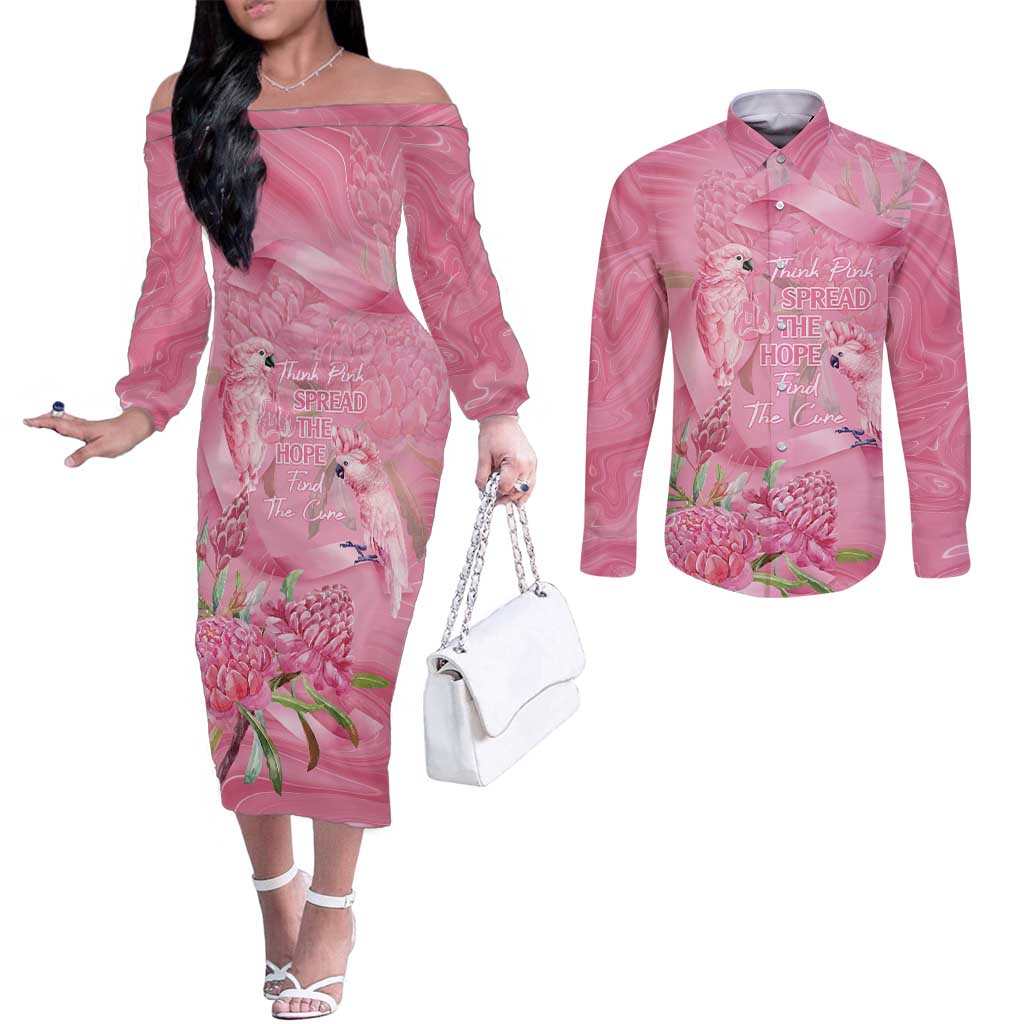 Australia Breast Cancer Awareness Couples Matching Off The Shoulder Long Sleeve Dress and Long Sleeve Button Shirt Think Pink Cockatoos Ribbon - Aussie Hoodie