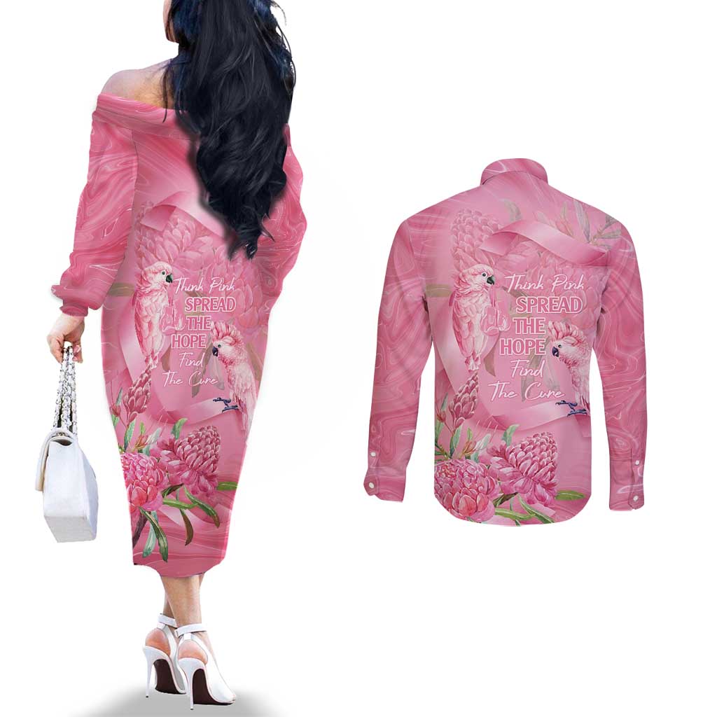 Australia Breast Cancer Awareness Couples Matching Off The Shoulder Long Sleeve Dress and Long Sleeve Button Shirt Think Pink Cockatoos Ribbon - Aussie Hoodie