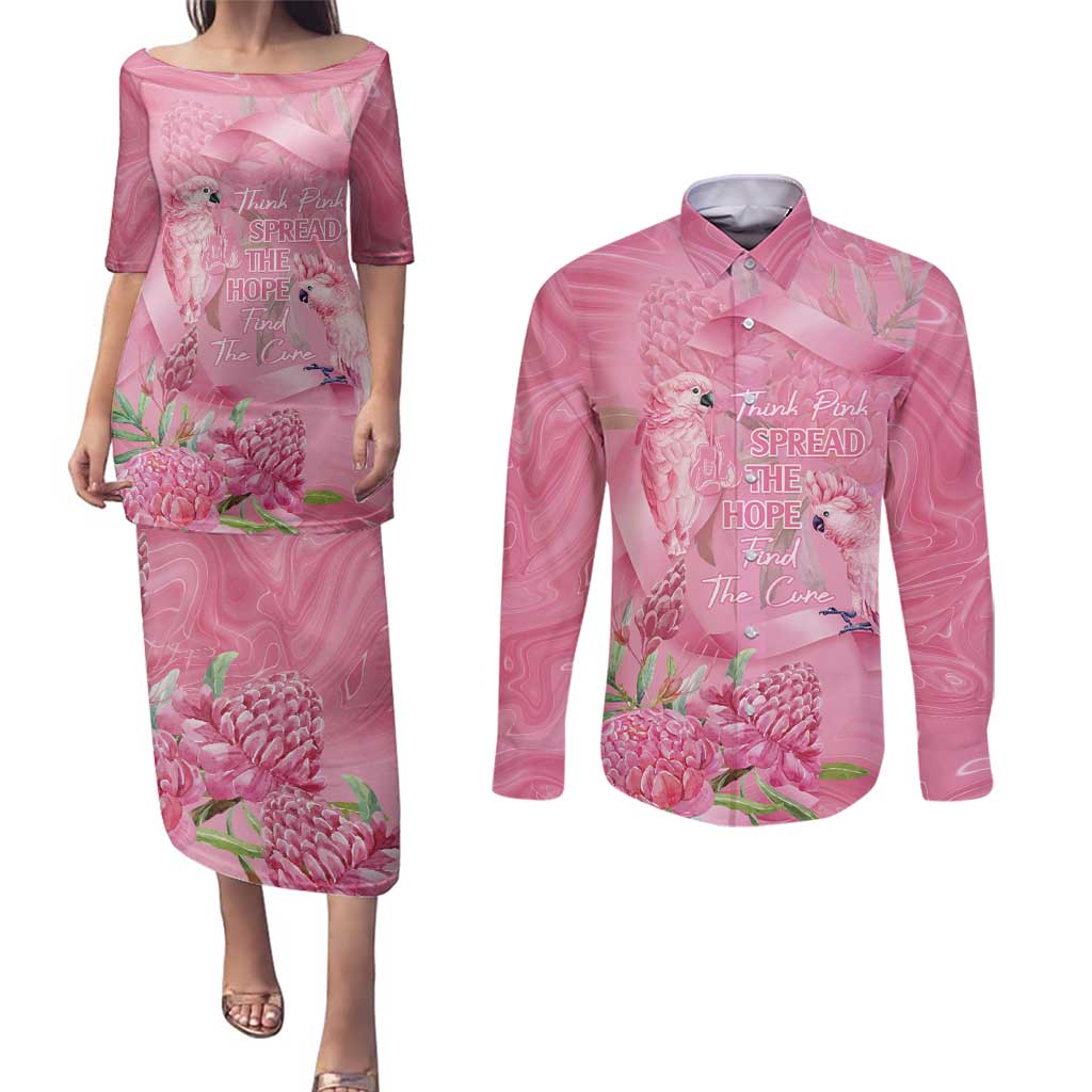 Australia Breast Cancer Awareness Couples Matching Puletasi and Long Sleeve Button Shirt Think Pink Cockatoos Ribbon - Aussie Hoodie