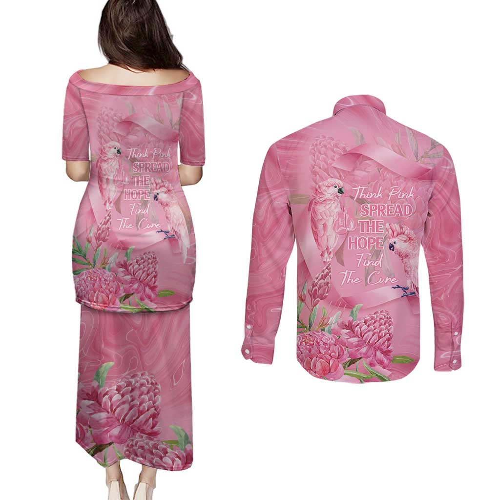 Australia Breast Cancer Awareness Couples Matching Puletasi and Long Sleeve Button Shirt Think Pink Cockatoos Ribbon - Aussie Hoodie