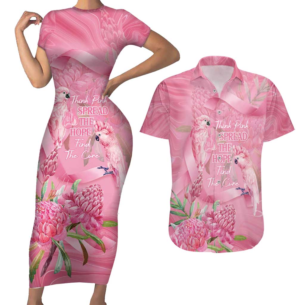 Australia Breast Cancer Awareness Couples Matching Short Sleeve Bodycon Dress and Hawaiian Shirt Think Pink Cockatoos Ribbon - Aussie Hoodie