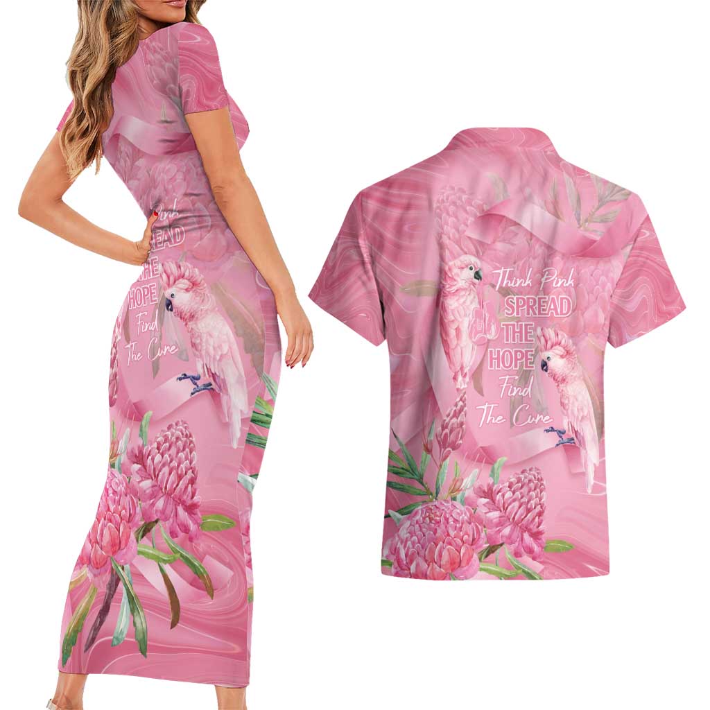 Australia Breast Cancer Awareness Couples Matching Short Sleeve Bodycon Dress and Hawaiian Shirt Think Pink Cockatoos Ribbon - Aussie Hoodie