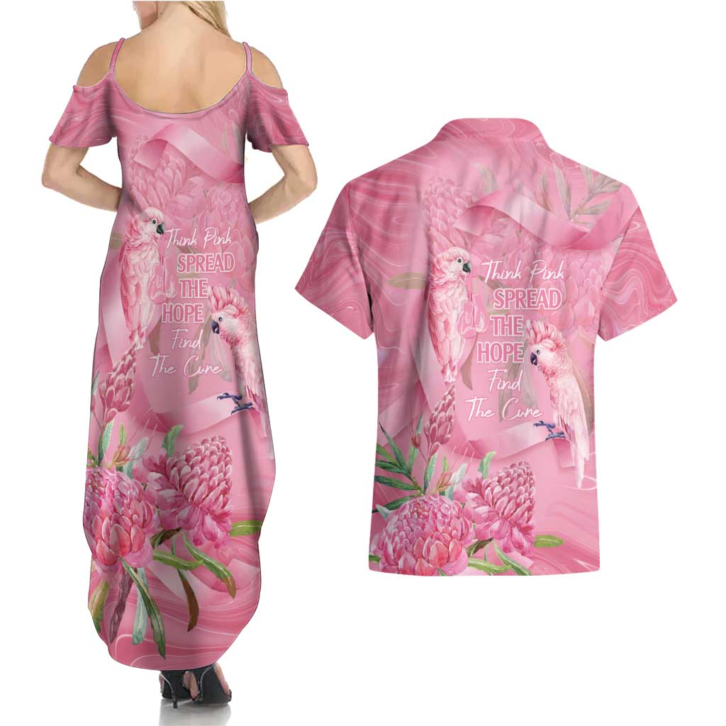 Australia Breast Cancer Awareness Couples Matching Summer Maxi Dress and Hawaiian Shirt Think Pink Cockatoos Ribbon - Aussie Hoodie