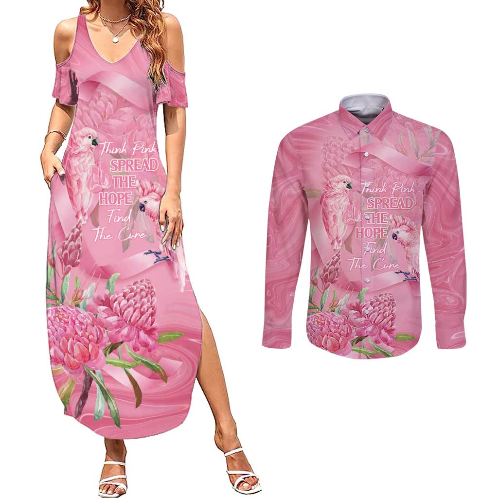 Australia Breast Cancer Awareness Couples Matching Summer Maxi Dress and Long Sleeve Button Shirt Think Pink Cockatoos Ribbon - Aussie Hoodie