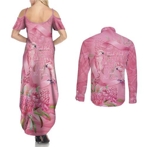 Australia Breast Cancer Awareness Couples Matching Summer Maxi Dress and Long Sleeve Button Shirt Think Pink Cockatoos Ribbon - Aussie Hoodie